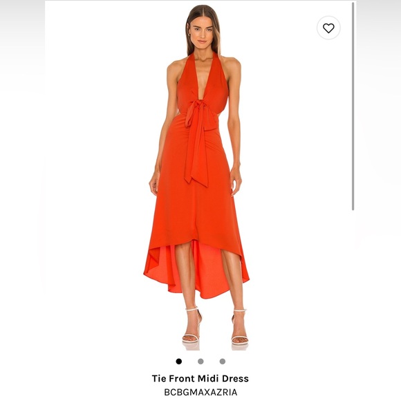 BCBGMAXAZRIA Tie Front MIDI Dress Color: Cherry Tomato Size: 6 - Picture 3 of 7